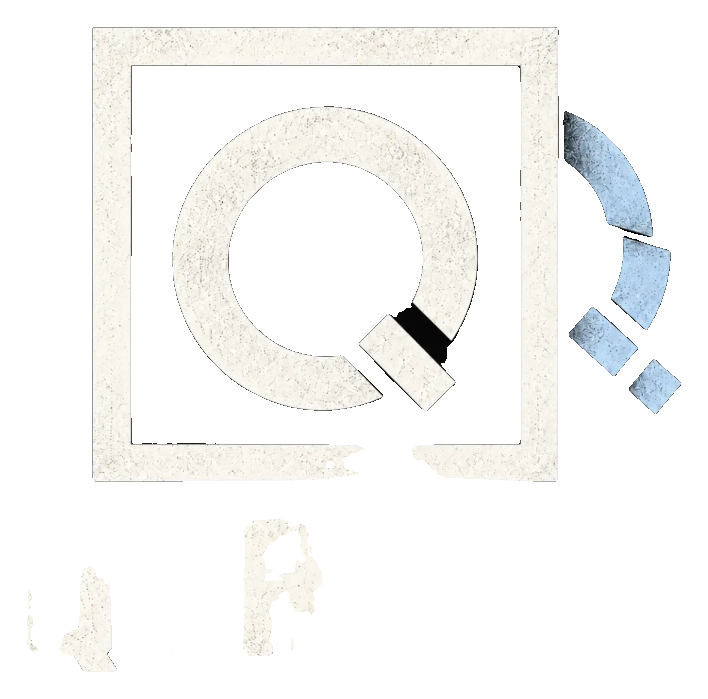QFrame Quantum emblem, a framed Q with drifting blue fragments