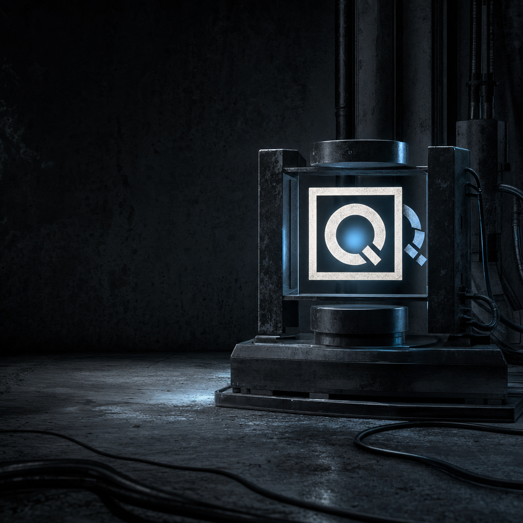 The QFrame emblem glowing inside a laboratory press